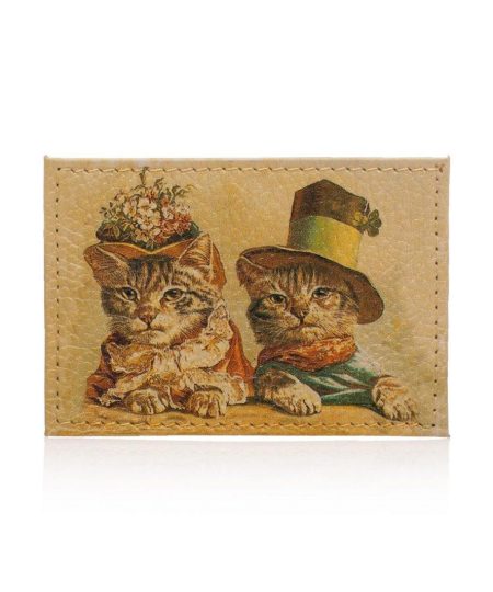 Обложка для одной карточки с принтом Eshemoda "Ретро коты", натуральная кожа