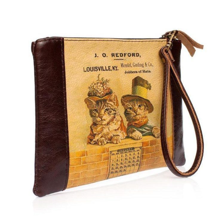 Клатч с принтом Eshemoda "Ретро коты", натуральная кожа, цвет коричневый