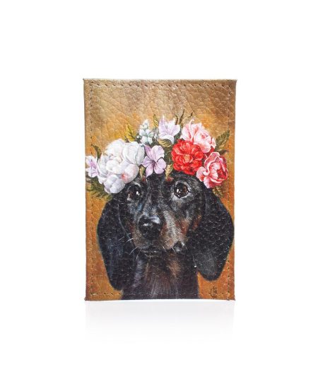 Обложка для одной карточки с принтом Eshemoda "Портрет таксы", натуральная кожа