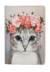 Обложка на паспорт с принтом Eshemoda “Кошка с розами”, натуральная кожа, цвет белый