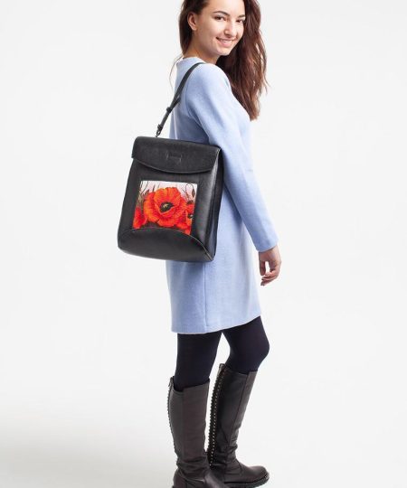 Сумка-рюкзак с принтом Eshemoda "Огненный мак", цвет чёрный