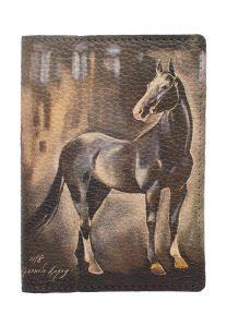 Обложка на паспорт с принтом Eshemoda “Вороная лошадь”, натуральная кожа, цвет чёрный