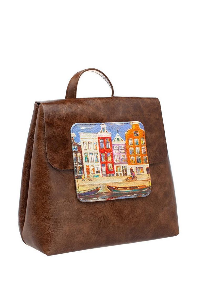 Рюкзак Midi с принтом Eshemoda "Амстердам разноцветный", натуральная кожа, цвет коричневый