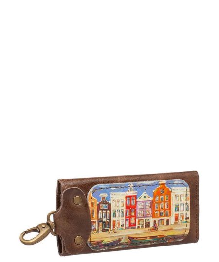 Ключница с принтом Eshemoda "Амстердам разноцветный”, размер L, натуральная кожа, цвет коричневый