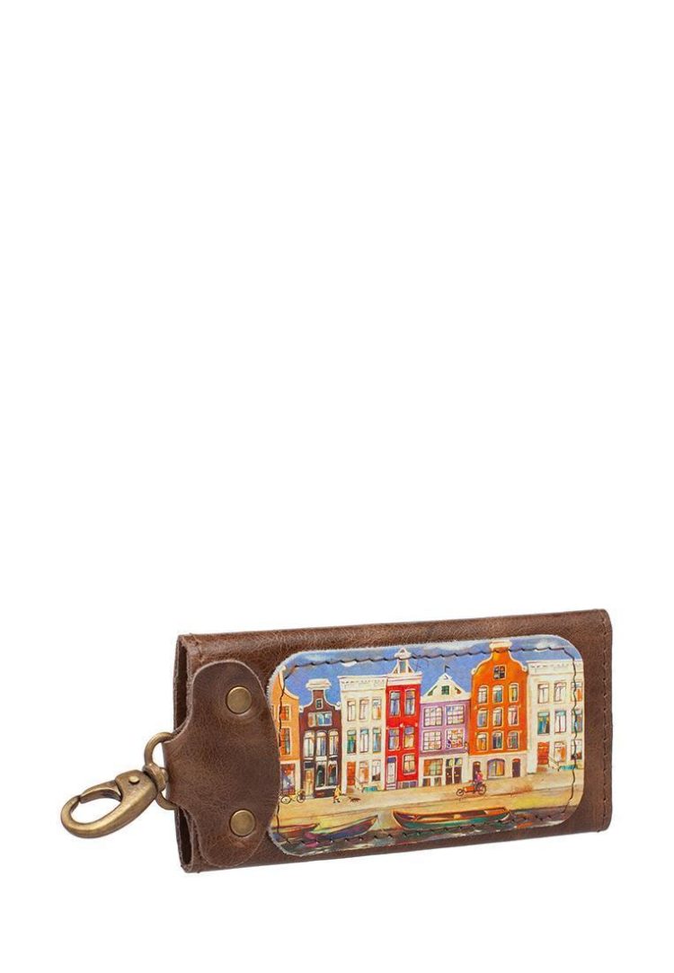 Ключница с принтом Eshemoda "Амстердам разноцветный”, размер L, натуральная кожа, цвет коричневый