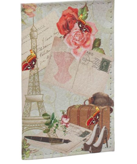 Обложка для 2-х карточек с принтом Eshemoda "В Париж!", натуральная кожа