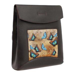 Сумка-рюкзак с принтом Eshemoda “Голубые бабочки”, натуральная кожа, цвет коричневый