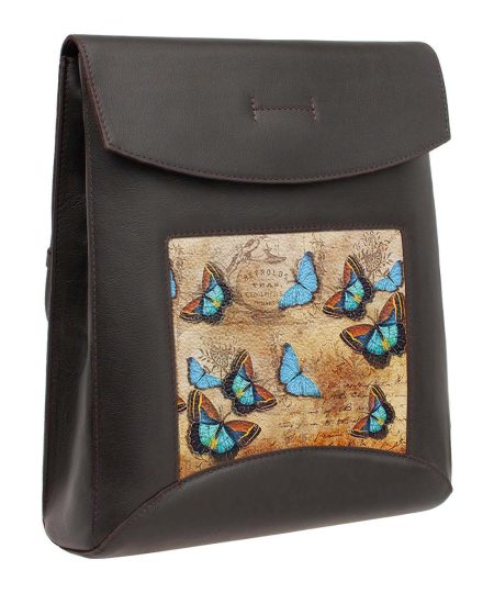 Сумка-рюкзак с принтом Eshemoda "Голубые бабочки", натуральная кожа, цвет коричневый
