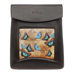 Сумка-рюкзак с принтом Eshemoda “Голубые бабочки”, натуральная кожа, цвет коричневый
