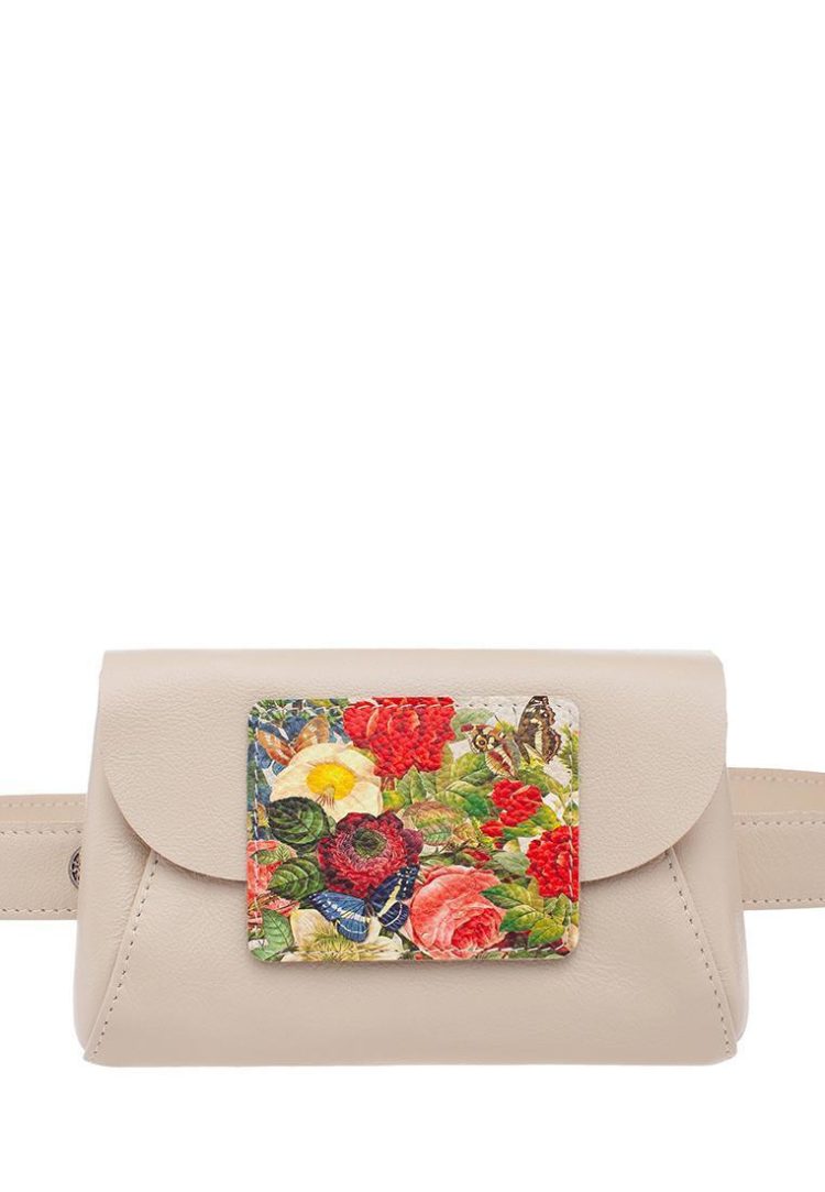 Поясная сумка с принтом Eshemoda "Цветочное настроение", натуральная кожа, цвет бежевый