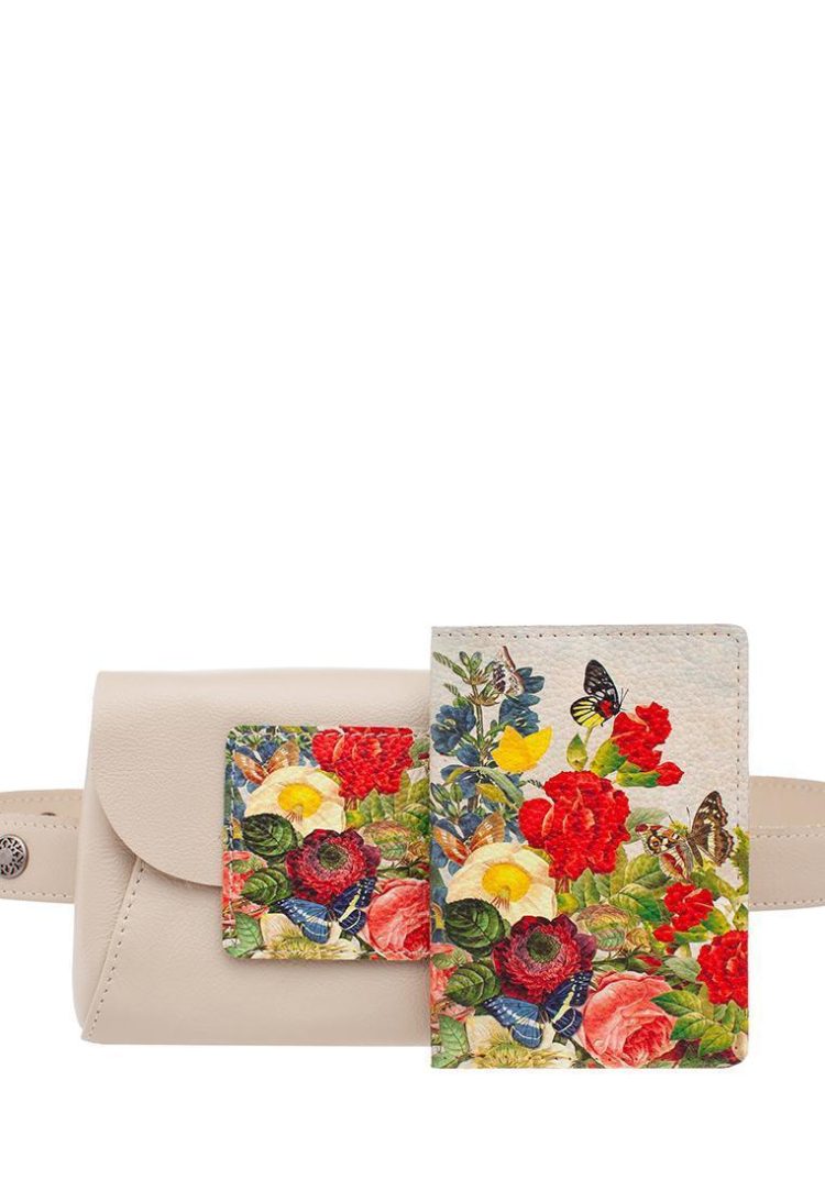 Комплект из поясной сумки и обложки на паспорт с принтом Eshemoda "Цветочное настроение", натуральная кожа, цвет бежевый