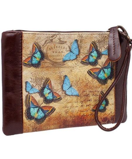 Клатч с принтом Eshemoda "Голубые бабочки", натуральная кожа, цвет коричневый