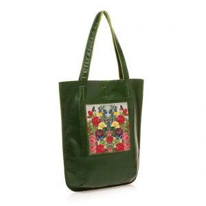 Сумка-шоппер с принтом Eshemoda “Цветочное настроение”, натуральная кожа, цвет зеленый
