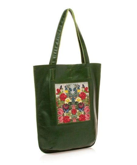 Сумка-шоппер с принтом Eshemoda "Цветочное настроение", натуральная кожа, цвет зеленый
