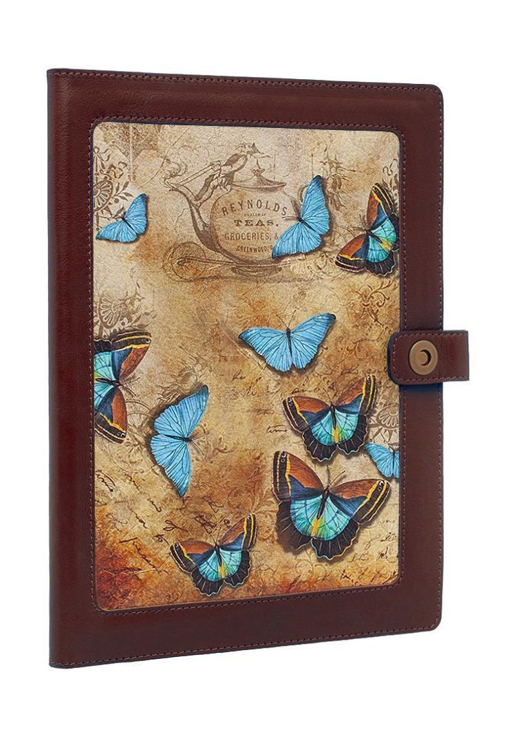 Органайзер для документов с принтом Eshemoda "Голубые бабочки", Формат В5 , натуральная кожа, цвет коричневый