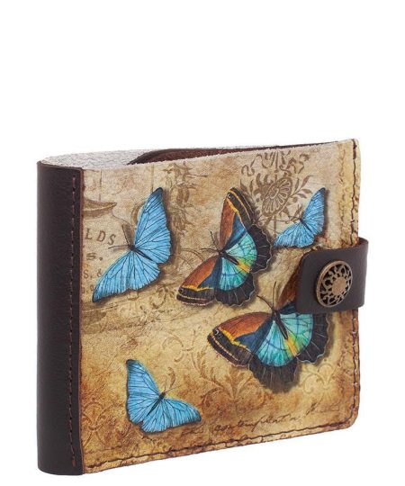 Портмоне Slim с принтом Eshemoda "Голубые бабочки", натуральная кожа, цвет коричневый
