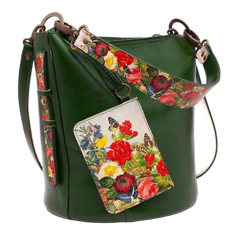 Сумка торба с принтом Eshemoda "Цветочное настроение", натуральная кожа, цвет зелёный