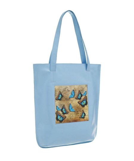 Сумка-шоппер с принтом Eshemoda  "Голубые бабочки", натуральная кожа, цвет голубой