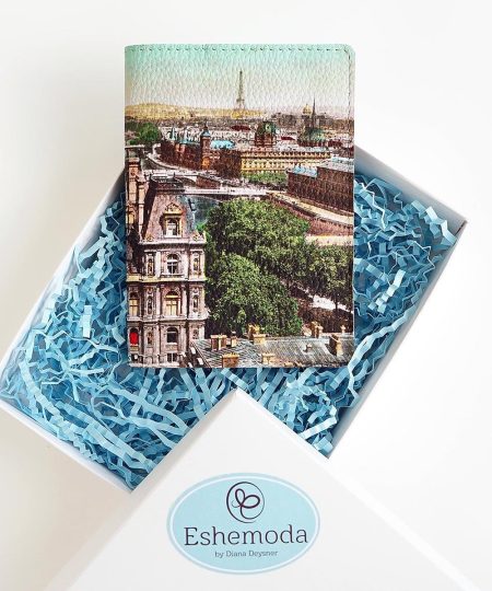 Обложка на паспорт с принтом Eshemoda "Ретро Париж", натуральная кожа