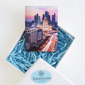 Обложка на паспорт с принтом Eshemoda “Москва-сити”, натуральная кожа