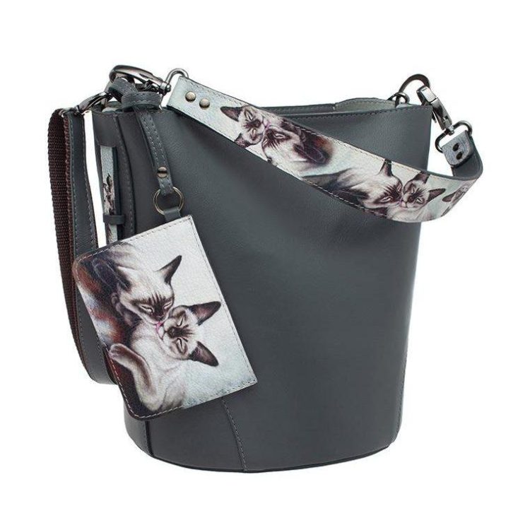 Сумка торба с принтом Eshemoda "Моя мур-мур", натуральная кожа, цвет темно-серый