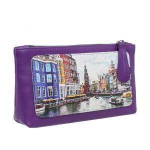 Косметичка с принтом Eshemoda “Яркий Амстердам”, размер L, натуральная кожа, цвет фиолетовый