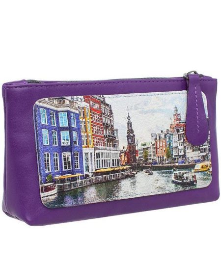 Косметичка с принтом Eshemoda “Яркий Амстердам”, размер L, натуральная кожа, цвет фиолетовый
