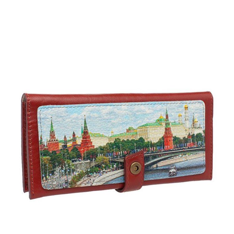 Кошелек с принтом Eshemoda"Кремль, Каменный мост", натуральная кожа, цвет красный