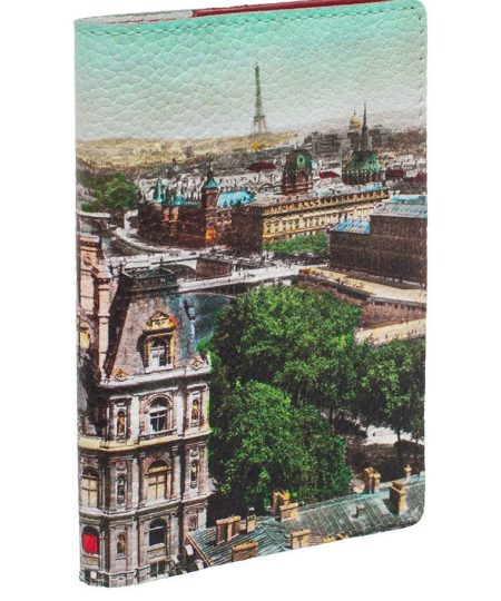 Обложка на паспорт с принтом Eshemoda "Ретро Париж", натуральная кожа
