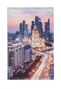 Обложка для 2-х карточек с принтом Eshemoda “Москва-Сити” , натуральная кожа