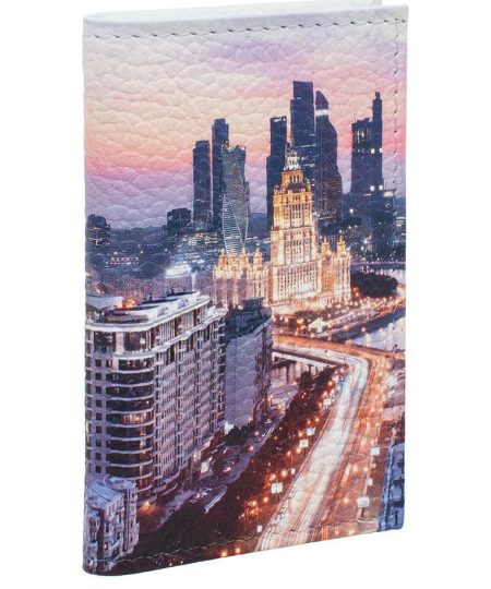Обложка для 2-х карточек с принтом Eshemoda "Москва-Сити" , натуральная кожа
