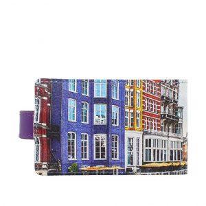 Визитница с принтом Eshemoda «Яркий Амстердам», натуральная кожа, цвет фиолетовый
