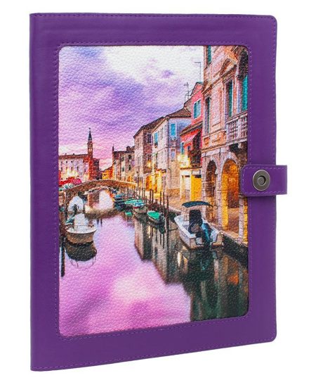Органайзер для документов с принтом Eshemoda "Каналы Венеции", Формат В5 , натуральная кожа, цвет фиолетовый