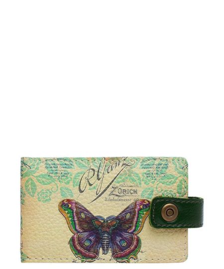 Визитница с принтом Eshemoda "Винтажная бабочка", натуральная кожа, цвет зелёный