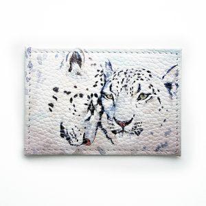 Обложка для одной карточки с принтом Eshemoda “Снежные барсы”, натуральная кожа