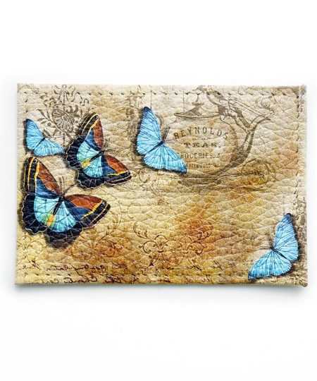 Обложка для одной карточки с принтом Eshemoda “Голубые бабочки”, натуральная кожа
