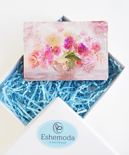 Обложка на паспорт с принтом Eshemoda "Розовый букет", натуральная кожа