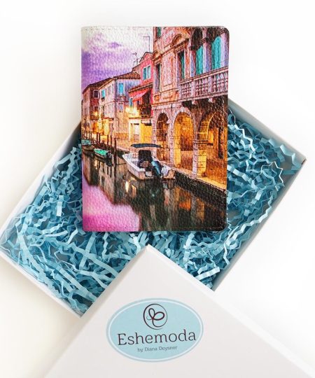 Обложка на паспорт с принтом Eshemoda "Вечер в Венеции", натуральная кожа