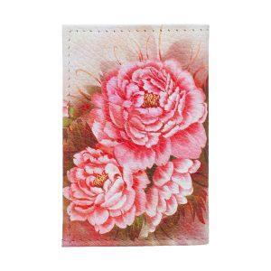 Обложка для 2-х карточек с принтом Eshemoda “Цветущие пионы”, натуральная кожа