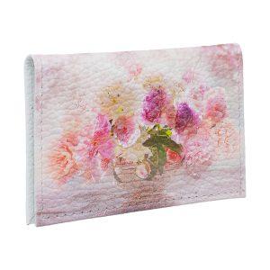 Обложка для 2-х карточек с принтом Eshemoda “Розовый букет”, натуральная кожа