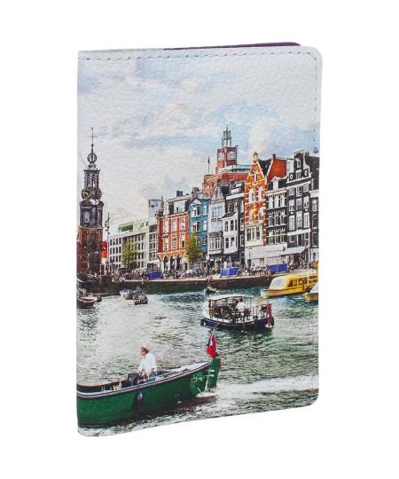 Обложка на паспорт с принтом Eshemoda "Яркий Амстердам", натуральная кожа