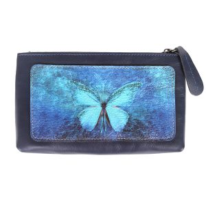 Косметичка с принтом Eshemoda “Бабочка Кружево”, размер L, натуральная кожа, цвет синий