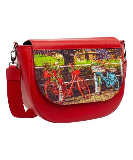Сумка со сменным клапаном полукруглая Eshemoda с принтом "Разноцветные велосипеды", Красная