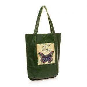 Сумка-шоппер “Винтажная бабочка”, натуральная кожа, цвет зеленый
