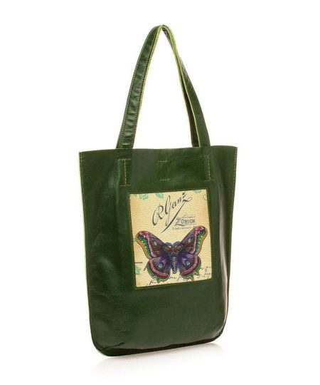 Сумка-шоппер "Винтажная бабочка", натуральная кожа, цвет зеленый