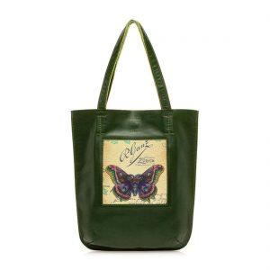 Сумка-шоппер “Винтажная бабочка”, натуральная кожа, цвет зеленый