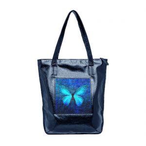 Сумка-шоппер “Бабочка кружево”, натуральная кожа, цвет синий