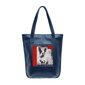 Сумка-шоппер “Собака в стиле Гранж”, натуральная кожа, цвет синий