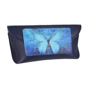Футляр для очков с принтом Eshemoda “Бабочка кружево”, натуральная кожа, темно-синий