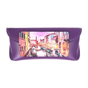 Футляр для очков с принтом Eshemoda “Вечерний канал Венеции”, натуральная кожа, фиолетовый